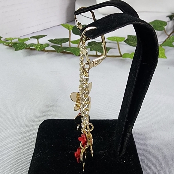 Gold Dangle Earrings with Butterfly and Red Rose Flower - Picture 8 of 11